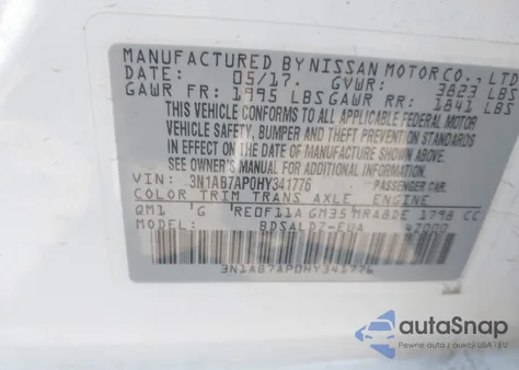 2017 Nissan Sentra Sv z USA, uszkodzony, nr VIN 3N1AB7AP0HY341776